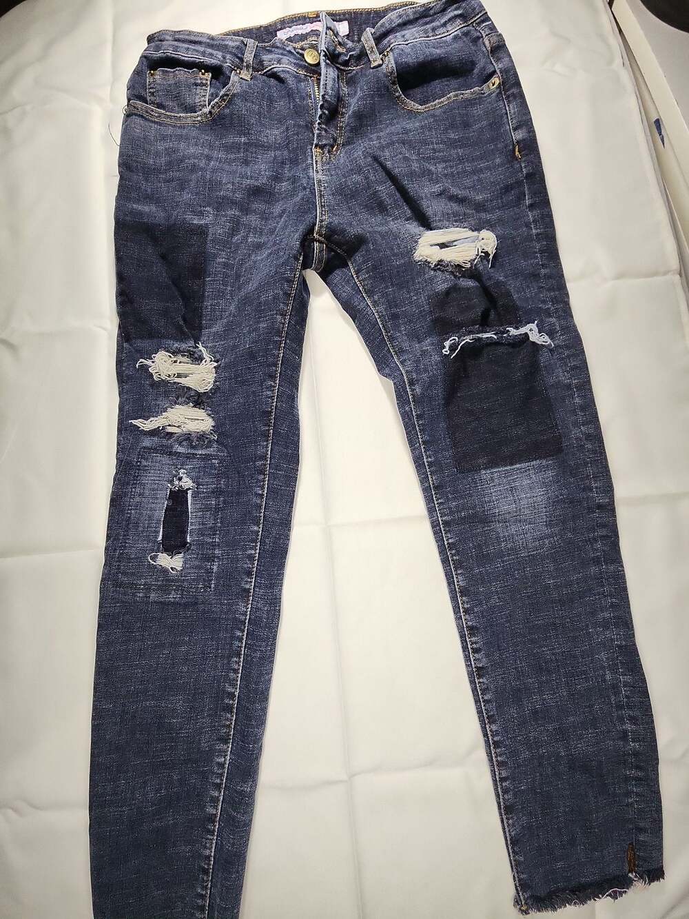 Chaoran Jeans Women's Size 28 Distressed Patchwork Denim Jeans with Raw Hem